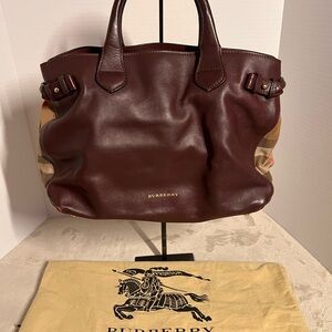 Burberry House Check Canvas with Burgundy Leather Accent medium Banner Tote